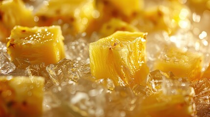 Fresh Pineapple Cubes on Ice with a Warm Glow, Showcasing Juicy Textures and Vibrant Yellow Color, Perfect for Tropical Theme or Summer Refreshment