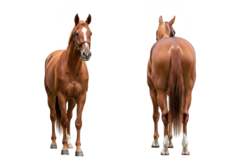 Chestnut horse standing front and back view stock photo, equine animal isolated, farm livestock, mammal equus caballus, isolated on transparent background