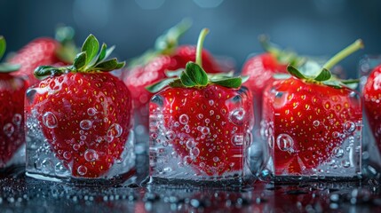 Fresh Strawberries in Ice Cubes with Bubbles, Capturing the Essence of Summer Freshness and Cool Refreshment for Food and Beverage Themes