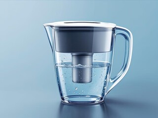 Glass water filter pitcher on blue background