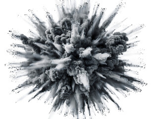 Dynamic dark gray and white powder explosion bursting outwards, creating an impactful abstract cloud with, isolated on transparent background
