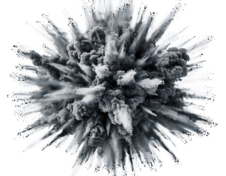 Dynamic dark gray and white powder explosion bursting outwards, creating an impactful abstract cloud with, isolated on transparent background