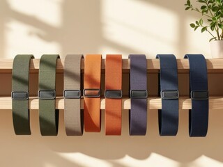 Colorful watch straps hanging on wooden display rack