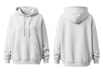 Oversized white hoodie mockup front and back views, unisex pullover sweatshirt template for fashion design, apparel presentation, isolated on transparent background
