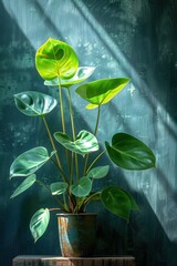 Lush Green Houseplant with Broad Leaves in Decorative Pot Against a Textured Wall, Bathed in Natural Light, Transforming Indoor Spaces with Vibrant Foliage