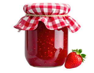 Jam jar, red gingham fabric cover, ripe strawberry