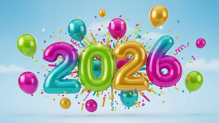 Welcome the year 2026 with vibrant balloons and confetti! Perfect for festive greetings, party invites, and joyful designs, setting a celebratory tone for the new year.