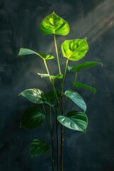 Lush Green Leaves of a Philodendron Plant Bathed in Warm Natural Light Against a Dark Textured Background for Interior Design Inspiration