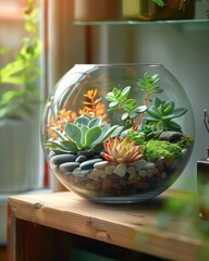 Lush Succulent Arrangement in Glass Terrarium with Stones and Greenery in a Bright Natural Setting, Perfect for Home Decor and Indoor Gardening Enthusiasts