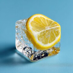 Refreshing Lemon Slice with Bubbles in Clear Ice Cube on Blue Surface, Perfect for Beverage and Summer Refreshment Concept Photography