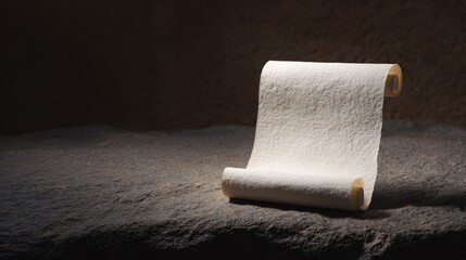 Obraz premium Dramatic unrolling of ancient scroll on rough stone surface in dim light capturing history and mystery