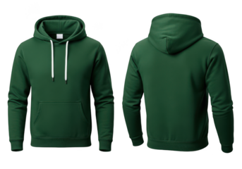 Forest green hoodie mockup front and back view, unisex pullover sweatshirt apparel, casual clothing, fashion template isolated on transparent background