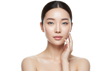 Young asian woman with glowing skin, blue eyes, hair pulled back, touching jawline in studio, white background, natural beauty and healthy skin.