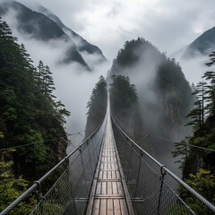 Fototapeta premium A long suspension bridge stretches between misty mountain peaks, shrouded in fog.