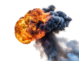 Vibrant orange flames and dense dark grey smoke from a powerful explosion, billowing upwards, creating dramatic, isolated on transparent background