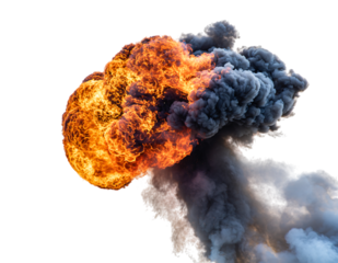 Vibrant orange flames and dense dark grey smoke from a powerful explosion, billowing upwards, creating dramatic, isolated on transparent background