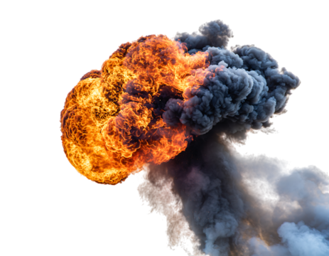 Vibrant orange flames and dense dark grey smoke from a powerful explosion, billowing upwards, creating dramatic, isolated on transparent background