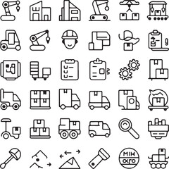 Construction and logistics icons featuring vehicles and tools crane