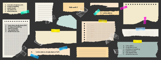 Paper notes set with torn edges and colorful tape - ripped notebook sheets, memo scraps, post it stickers on transparent background. Grid and lined page textures attached by adhesive strips.