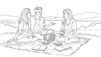 Continuous black line art of friends on a picnic blanket, enjoying food and conversation, outdoor leisure illustration