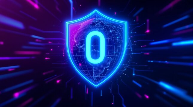 Cybersecurity shield with zero vulnerability protection and digital data network security concept art