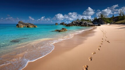 A beautiful beach with a clear blue ocean and a rocky shore. The beach is empty and the waves are calm