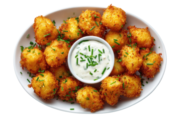 Golden, crispy fried food balls on a white plate surrounding a creamy dip, garnished with herbs