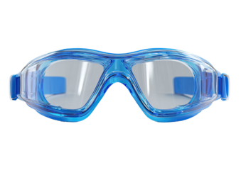 Close-up of blue swim goggles with clear lenses, on a black background