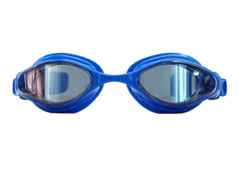 Close-up view of blue swimming goggles, with reflections, isolated on a black background