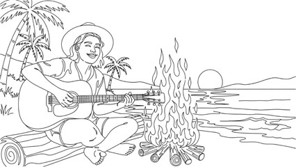 Continuous black line art of a person playing guitar at a summer beach bonfire, casual cheerful illustration