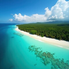 Aerial view of a tropical island beach with turquoise water and lush green forest