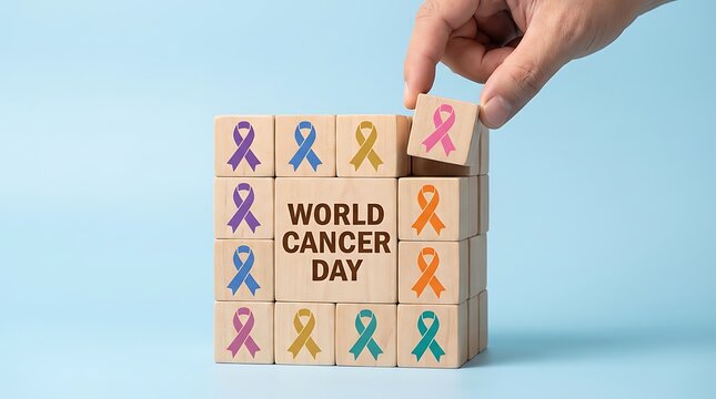 A hand places a wooden block with a pink ribbon to complete a cube with colorful cancer awareness ribbons for World Cancer Day.