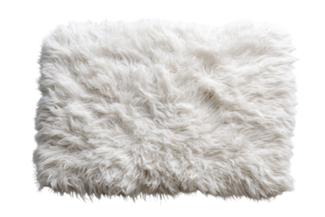 Fluffy, rectangular white rug with a shaggy texture against a solid black background