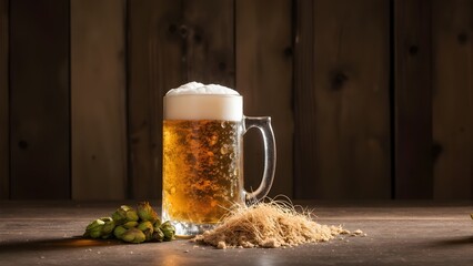 Chilled Beer Glass with Malt, Hops, and Yeast on Rustic Wooden Table – Premium Macro Side-View Composition
