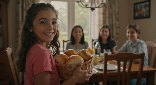 Smiling girl holding basket of fresh bread rolls for family dinner. Happy child sharing food at home with family in background - Powered by Adobe