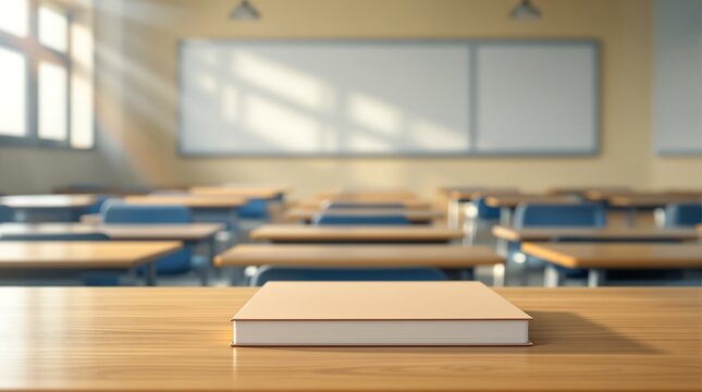 Classroom background with book on desk, school education, learning, teaching and study concept image