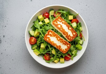 Fresh and healthy salad with grilled halloumi cheese avocado cherry tomatoes and arugula greens in a white bowl