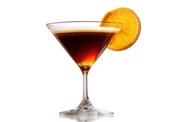Cocktail in a martini glass, dark beverage with orange slice garnish, on black