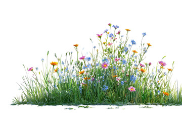 A vibrant clump of wildflowers in various colors with tall blades of grass against a black backdrop