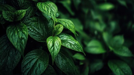 A close up of green leaves with water droplets on them. The leaves are lush and vibrant, giving off a sense of freshness and vitality