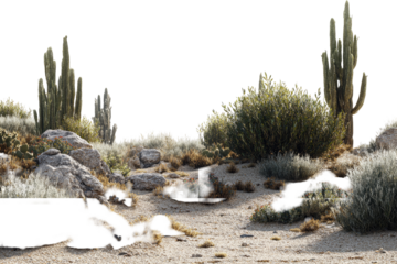 Arid landscape featuring towering cacti, scrub brush, rocks, and a pale ground under a bright sky