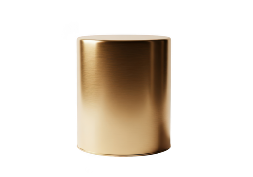 Premium gold metal cylinder 3d rendered illustration, shiny metallic surface, golden hue, isolated on transparent background