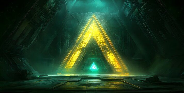 Mysterious ancient alien pyramid structure glowing with bright yellow and green light in a dark cavernous chamber