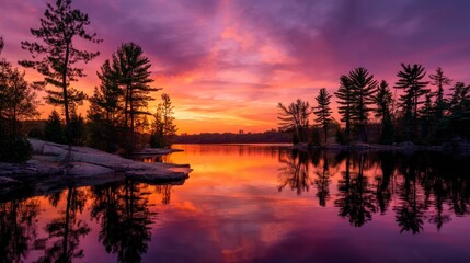 Fototapeta premium Sunset over lake with tree reflections
