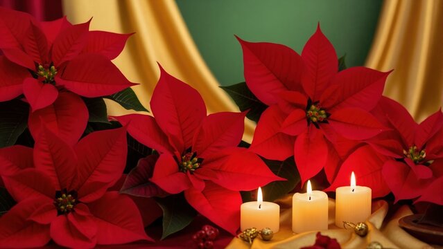 Festive Christmas arrangement with red poinsettia flowers and lit candles. Traditional holiday decoration with warm glow on gold and green background - Powered by Adobe