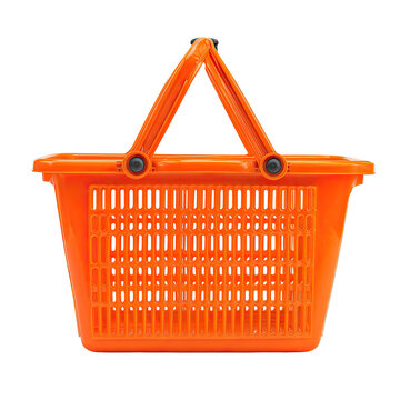 Bright orange plastic shopping basket with a sturdy handle against a black background