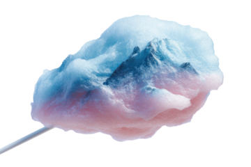 A whimsical, sweet confection of cotton candy depicting a mountain landscape