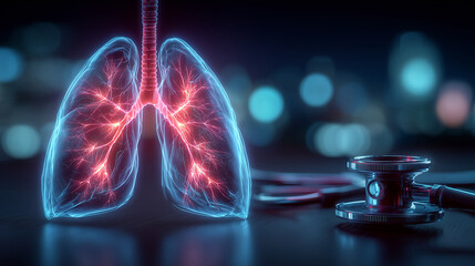 Lungs glowing with bronchial airflow waves and a stethoscope nearby on blurred blue bokeh background for World Lung Cancer Day
