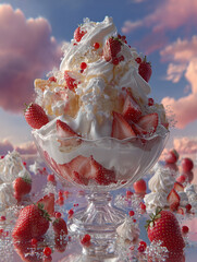 A glass full of ice cream with strawberries, whipped cream and pieces of berries with pink and blue sky on the background for International Ice Cream Day 