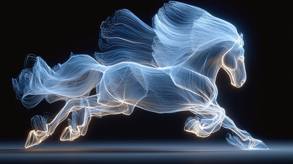 A silhouette of a running horse made of transparent white lines on dark background as a symbol of fast and active year 